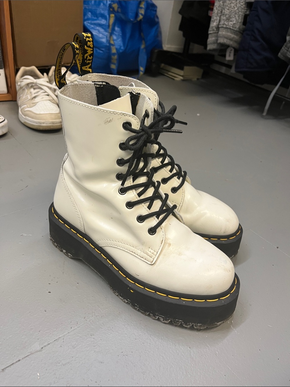 Dr. Martens White Platform Lace-Up Boots with Black Sole and Yellow Stitching